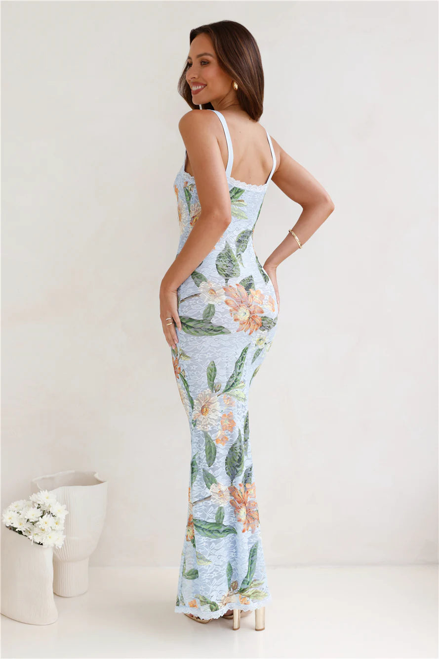 Elegant Light Blue Floral Print Lace Spaghetti Strap Mermaid Maxi Prom Dress For Bridal Shower Garden Party