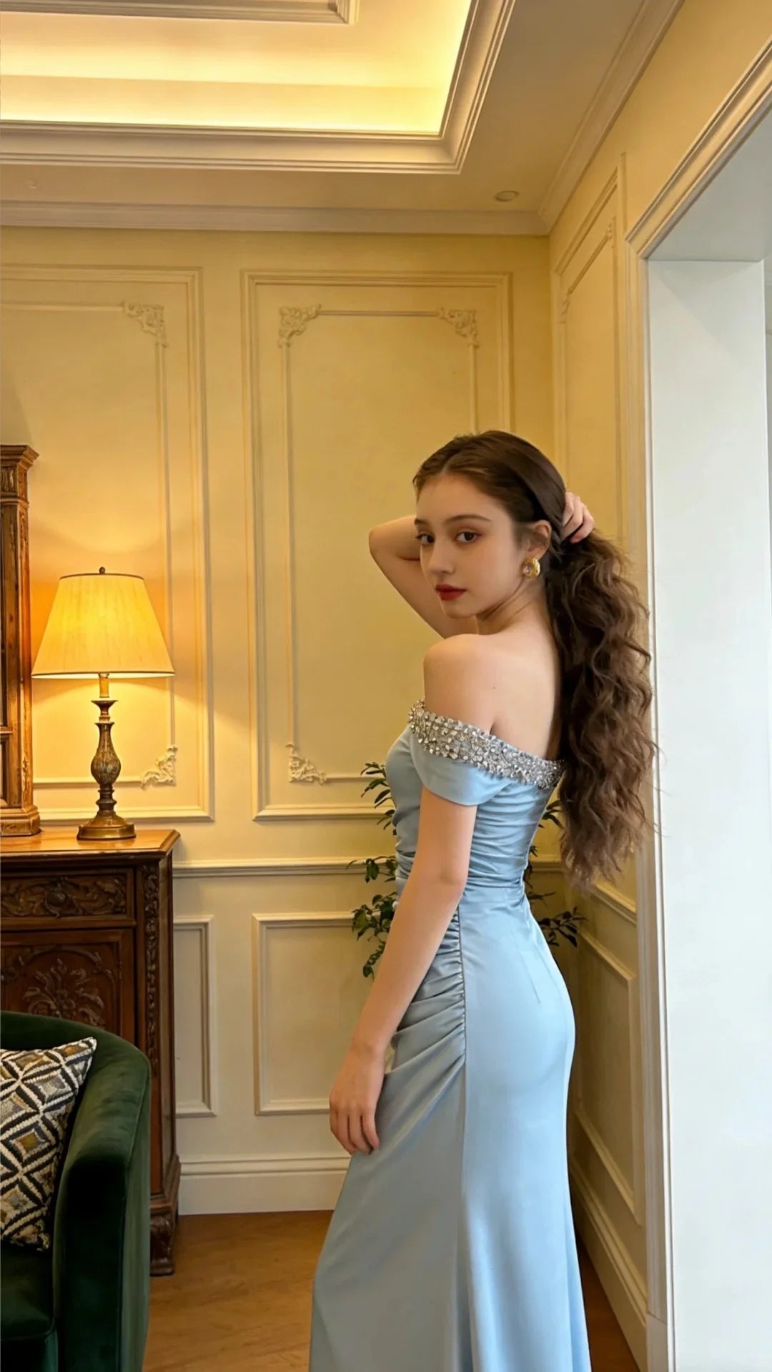 Elegant Light Blue Off Shoulder Prom Dress With Rhinestone Trim And Ruched Mermaid Skirt For Formal Evening Party