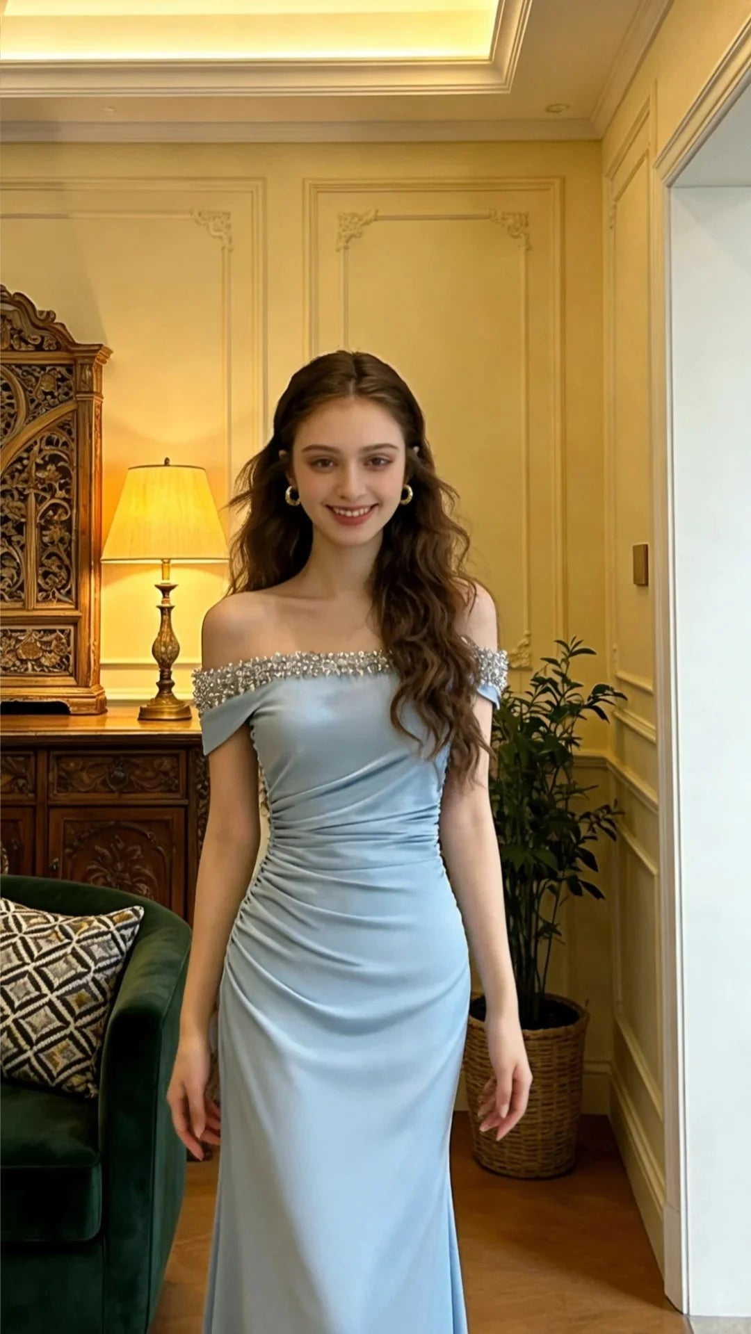 Elegant Light Blue Off Shoulder Prom Dress With Rhinestone Trim And Ruched Mermaid Skirt For Formal Evening Party