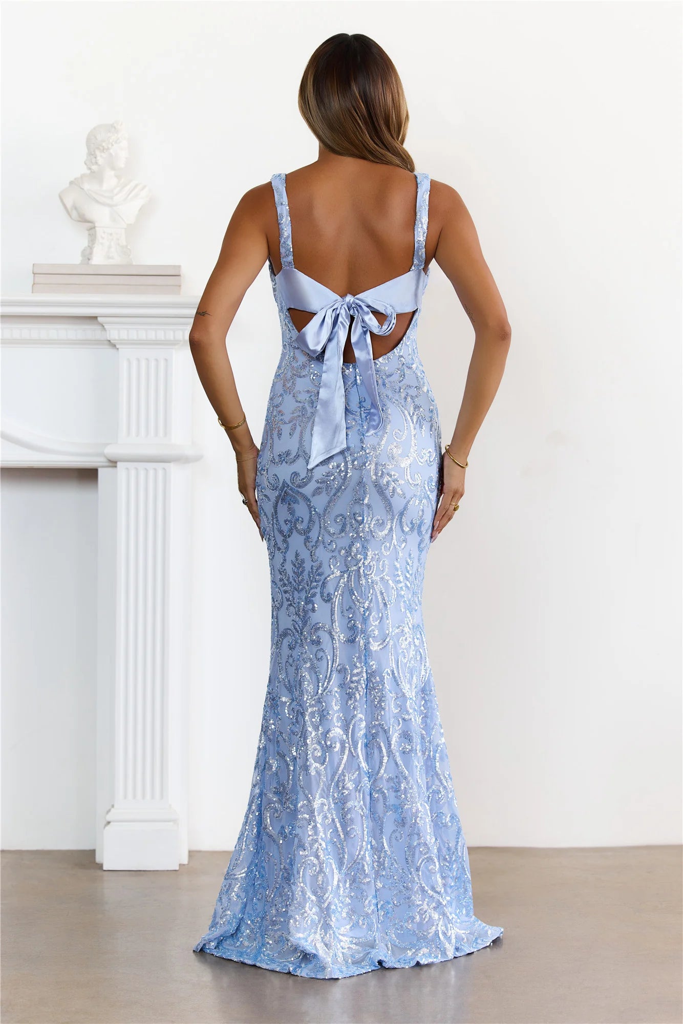 Elegant Light Blue Sequin Embroidered Mermaid Maxi Prom Dress With V Neck And Bow Back For Formal Event Cocktail Party
