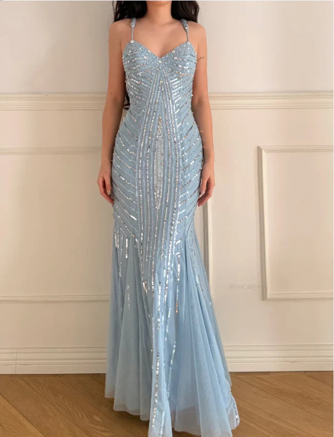 Elegant Light Blue Sequin Prom Dress With Sweetheart Neckline Cutout Back And Mermaid Skirt For Formal Evening Party