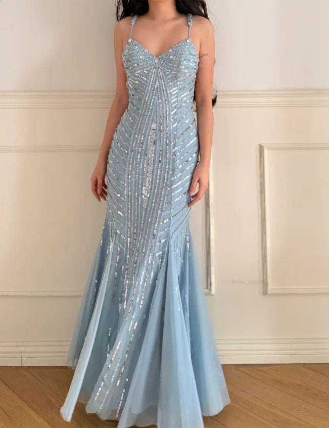 Elegant Light Blue Sequin Prom Dress With Sweetheart Neckline Cutout Back And Mermaid Skirt For Formal Evening Party