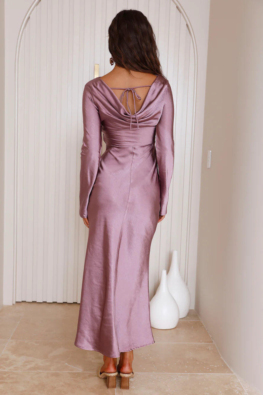 Elegant Long Sleeve Cowl Neck Tie Back Satin Bodycon Maxi Prom Dress For Wedding Guest Bridal Shower Formal Evening