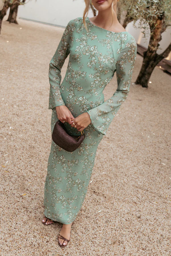Elegant Long Sleeve Floral Print Open Back Tie Detail Maxi Prom Dress For Formal Evening Wedding Guest Bridesmaid Cocktail Party