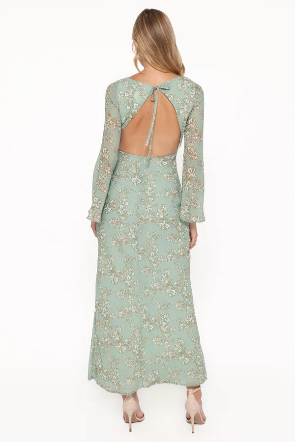 Elegant Long Sleeve Floral Print Open Back Tie Detail Maxi Prom Dress For Formal Evening Wedding Guest Bridesmaid Cocktail Party