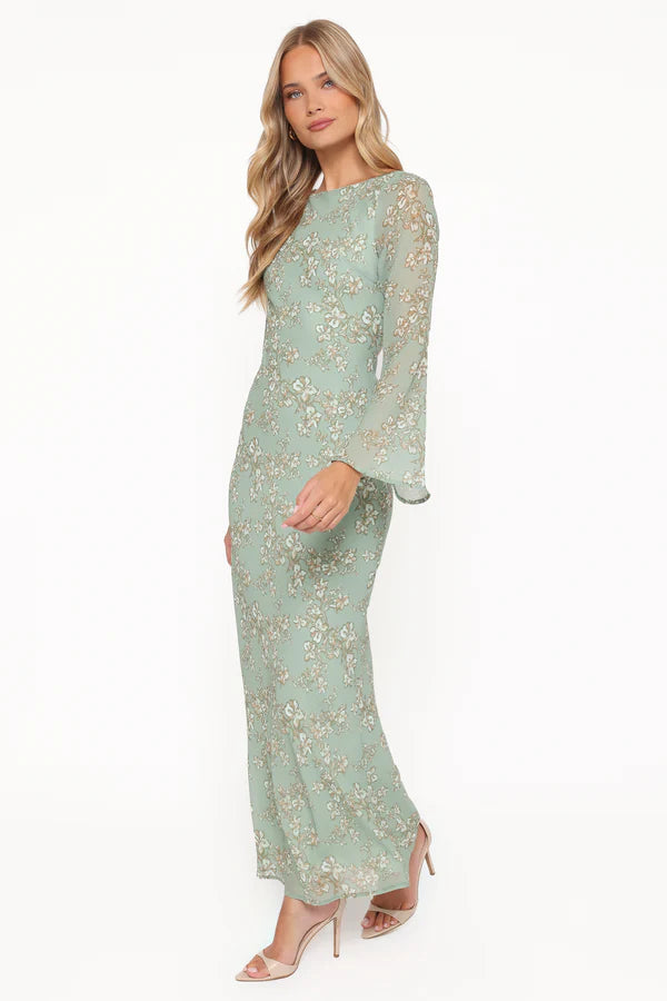 Elegant Long Sleeve Floral Print Open Back Tie Detail Maxi Prom Dress For Formal Evening Wedding Guest Bridesmaid Cocktail Party