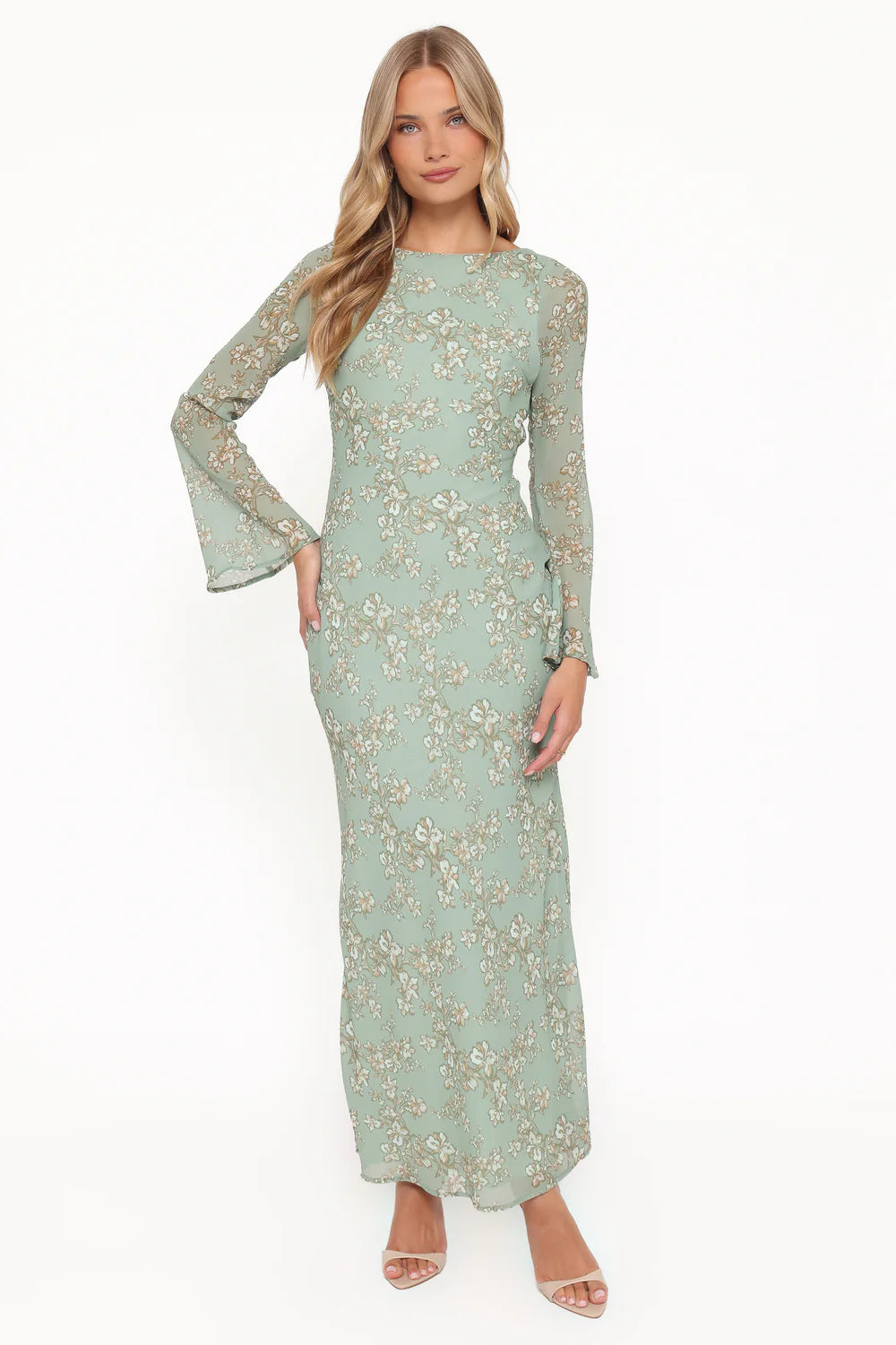 Elegant Long Sleeve Floral Print Open Back Tie Detail Maxi Prom Dress For Formal Evening Wedding Guest Bridesmaid Cocktail Party