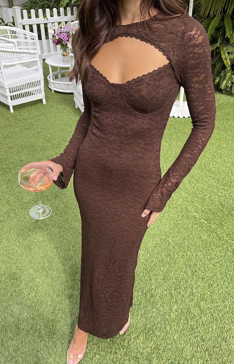 Elegant Long Sleeve Lace Maxi Prom Dress With Bust Cutout And Flared Cuffs For Formal Evening Wedding Guest Bridesmaid Cocktail Party