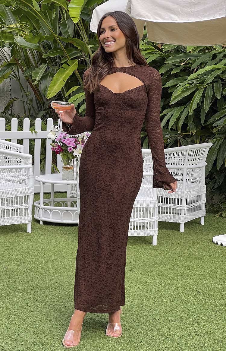 Elegant Long Sleeve Lace Maxi Prom Dress With Bust Cutout And Flared Cuffs For Formal Evening Wedding Guest Bridesmaid Cocktail Party
