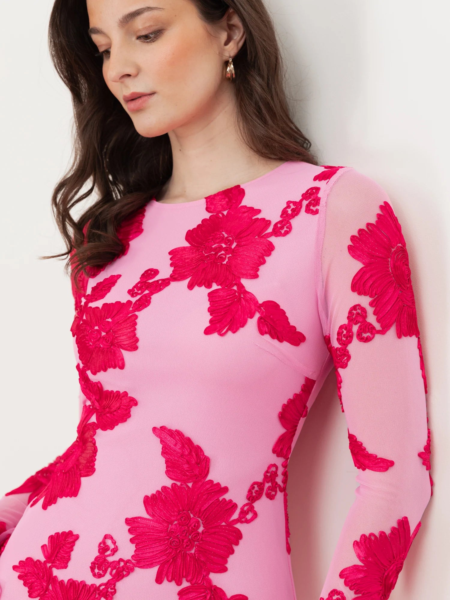 Elegant Long Sleeve Round Neck 3D Floral Embroidered Sheer Mesh Mermaid Maxi Prom Dress For Formal Evening Gala Wedding Guest