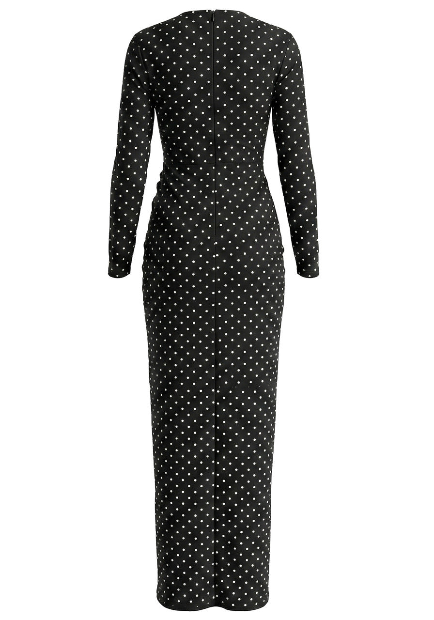 Elegant Long Sleeve Round Neck Pearl Embellished Heart Buckle Detail Bodycon Maxi Prom Dress