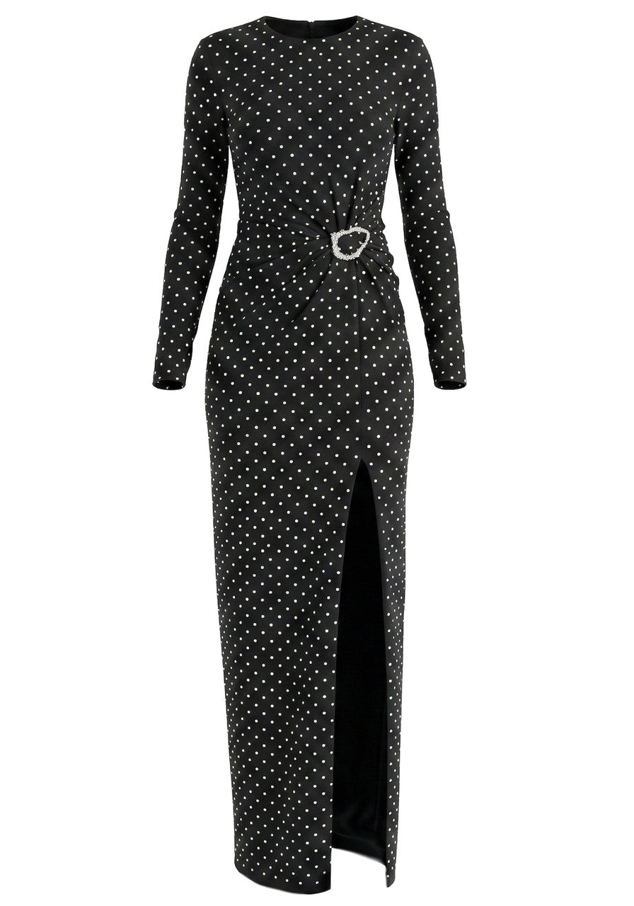 Elegant Long Sleeve Round Neck Pearl Embellished Heart Buckle Detail Bodycon Maxi Prom Dress