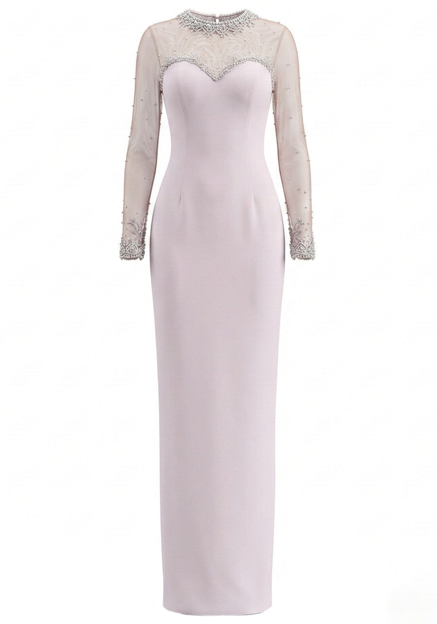 Elegant Long Sleeve Sheer Mesh Beaded Embellished High Neck Bodycon Maxi Prom Dress