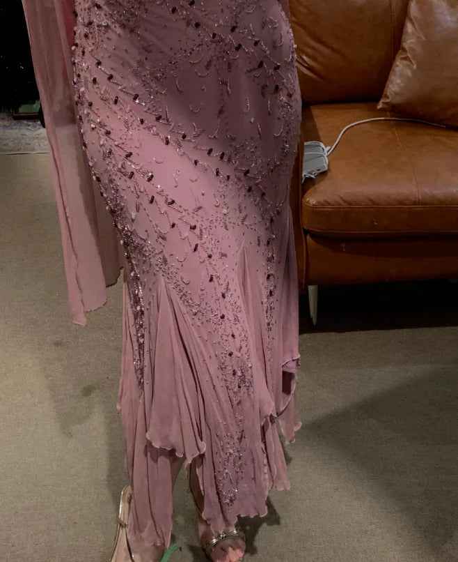 Elegant Mauve Spaghetti Strap Prom Dress With Beaded Embroidery Sheer Capelet And Flowy Mermaid Skirt For Formal Evening Party