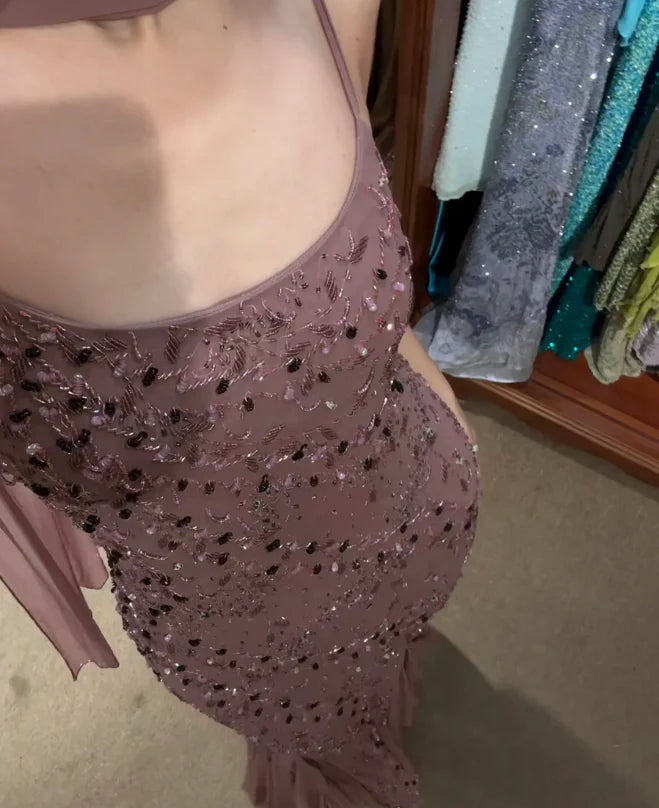 Elegant Mauve Spaghetti Strap Prom Dress With Beaded Embroidery Sheer Capelet And Flowy Mermaid Skirt For Formal Evening Party