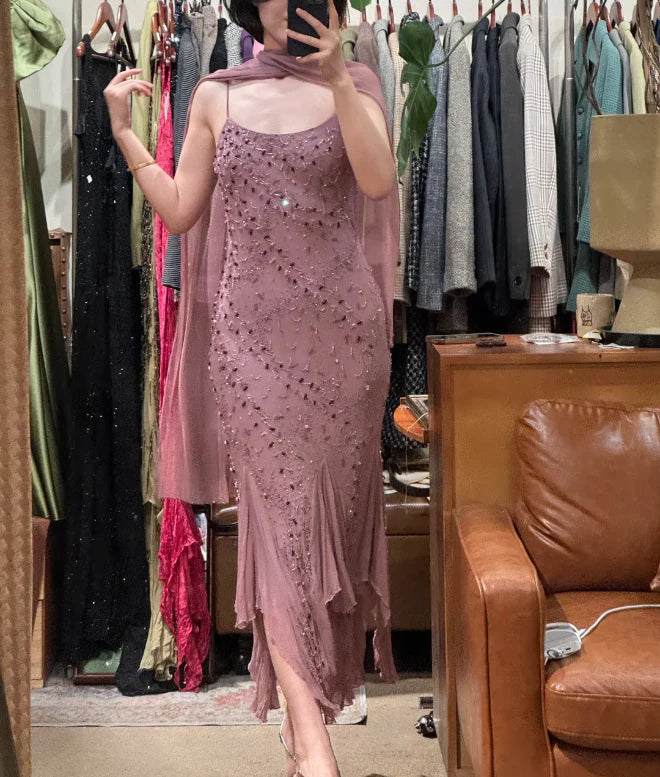 Elegant Mauve Spaghetti Strap Prom Dress With Beaded Embroidery Sheer Capelet And Flowy Mermaid Skirt For Formal Evening Party