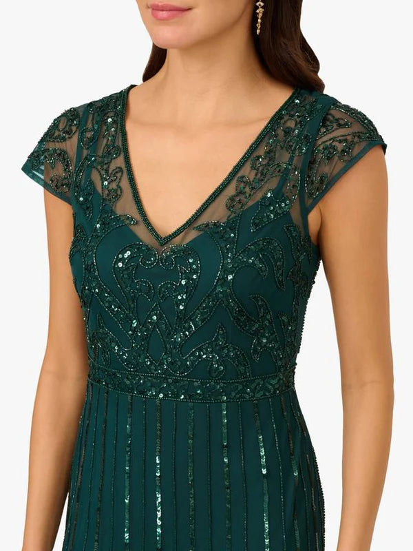 Elegant Mermaid V Neck Cap Sleeve Sequin Mesh Long Prom Dress in Emerald for Formal Events