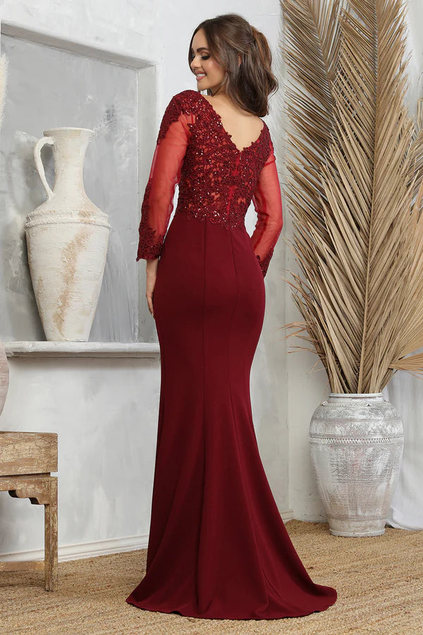 Elegant Mermaid V Neck Long Sheer Sleeve Beaded Lace Bodice Long Prom Dress in Burgundy for Formal Events