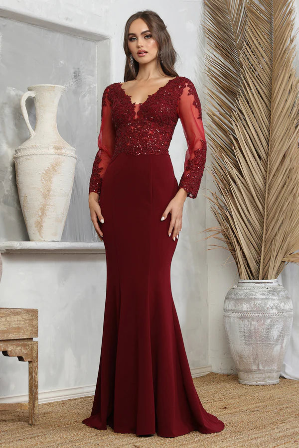 Elegant Mermaid V Neck Long Sheer Sleeve Beaded Lace Bodice Long Prom Dress in Burgundy for Formal Events