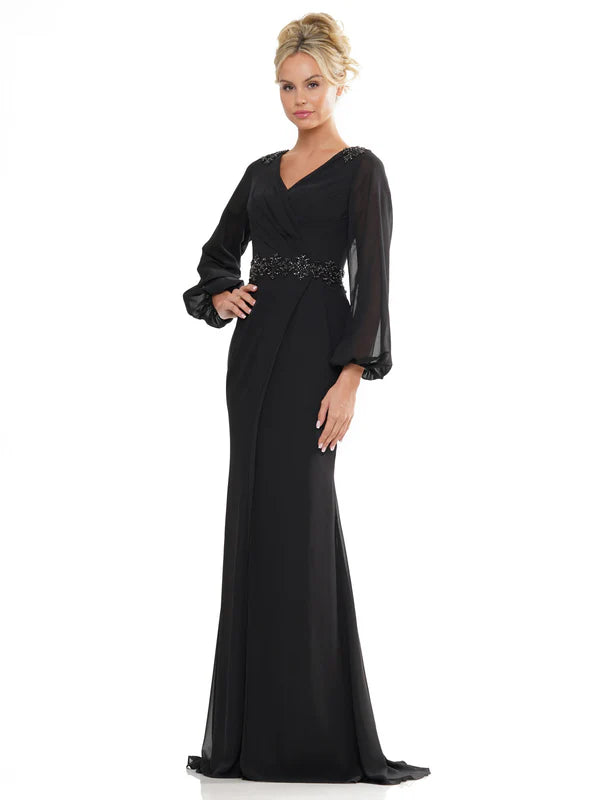 Elegant Mermaid V Neck Long Sheer Sleeve Beaded Waist Chiffon Long Prom Dress in Black for Formal Events