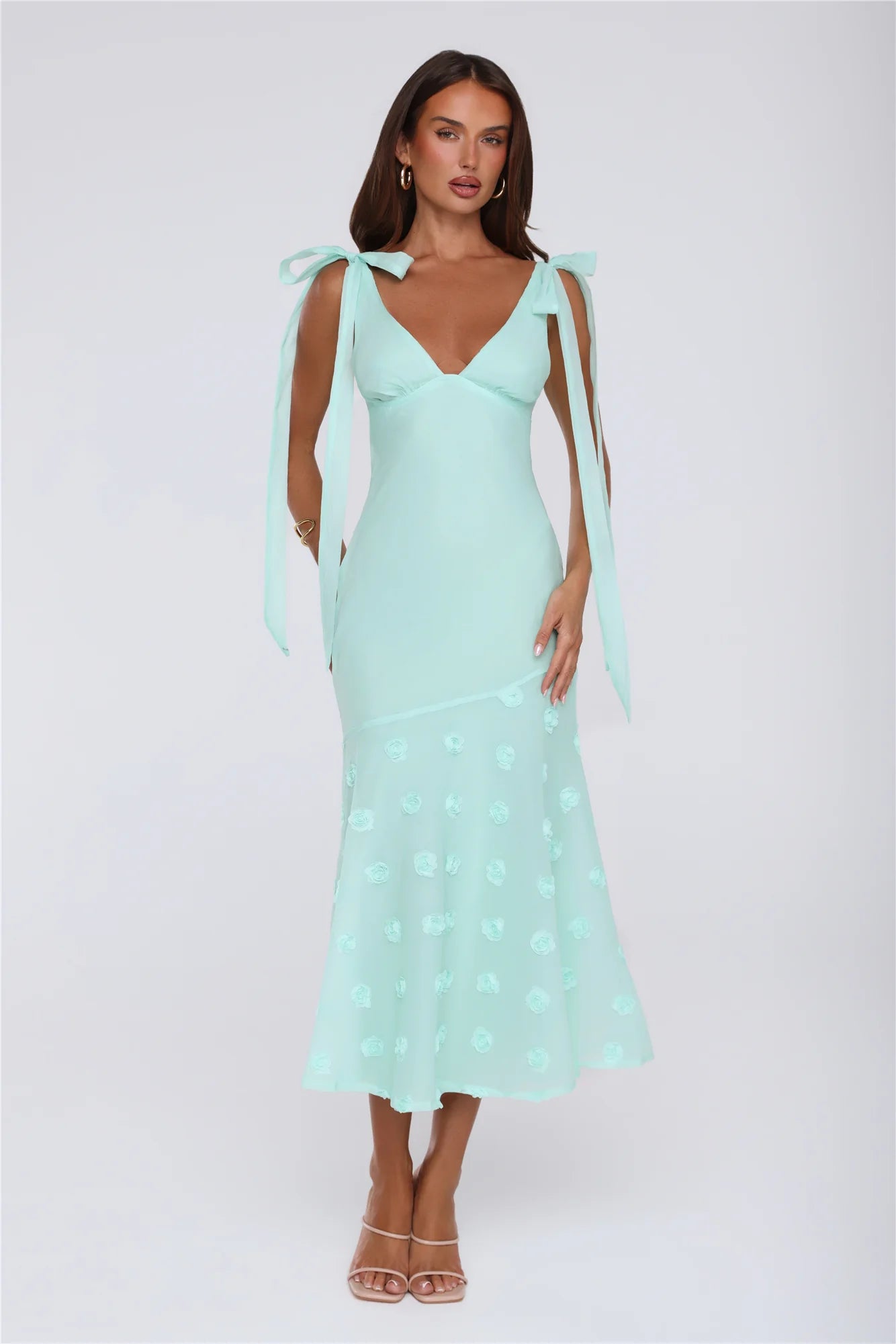 Elegant Mint Green Floral Applique Spaghetti Strap Prom Dress With Tie Back And Bow Straps For Bridal Shower Garden Party
