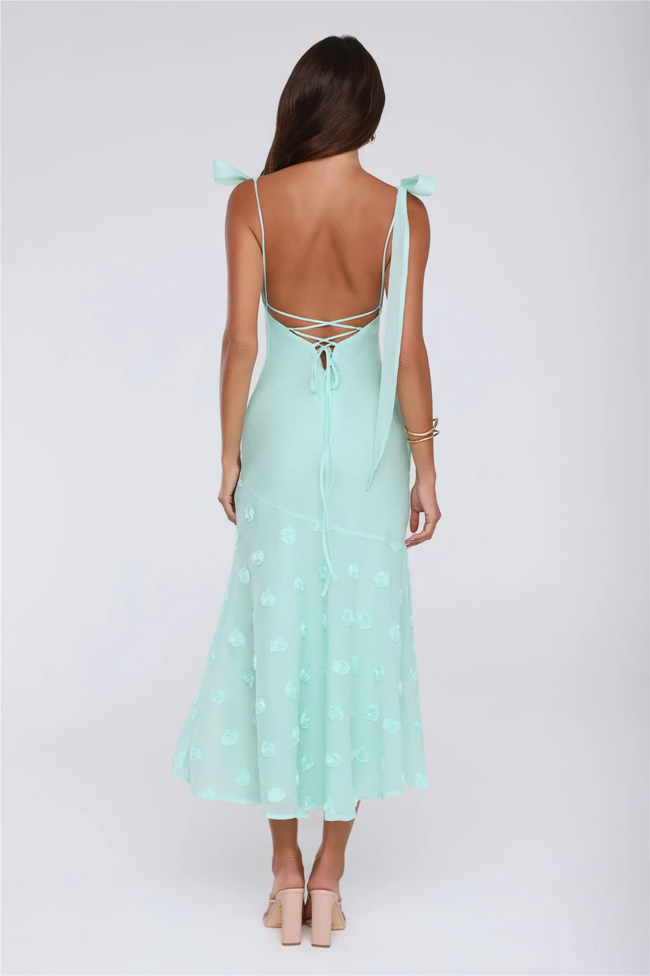 Elegant Mint Green Floral Applique Spaghetti Strap Prom Dress With Tie Back And Bow Straps For Bridal Shower Garden Party