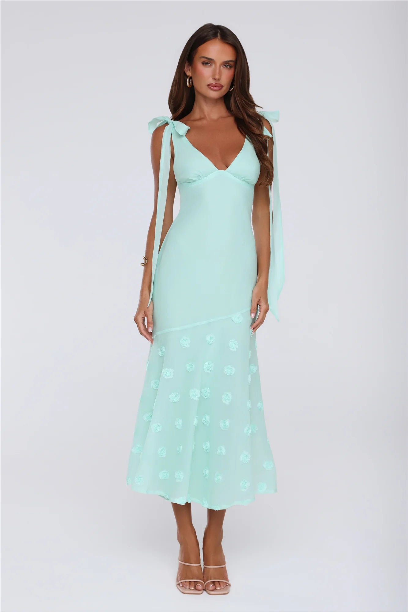 Elegant Mint Green Floral Applique Spaghetti Strap Prom Dress With Tie Back And Bow Straps For Bridal Shower Garden Party