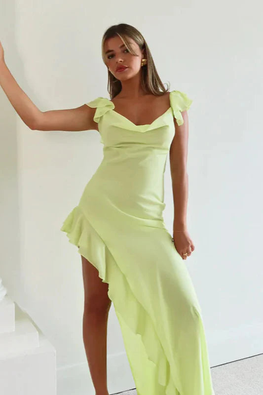 Elegant Neon Yellow Ruffled Cowl Neck High Slit Maxi Prom Dress With Tie Back For Cocktail Party Wedding Guest