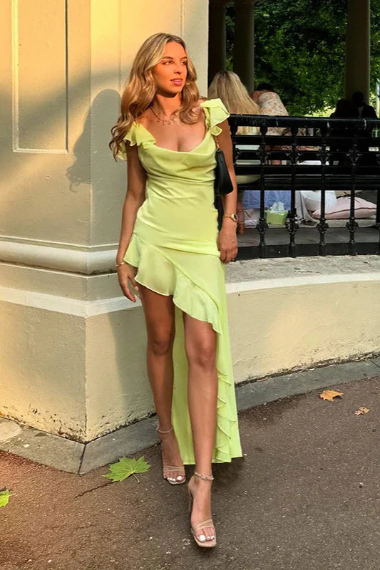 Elegant Neon Yellow Ruffled Cowl Neck High Slit Maxi Prom Dress With Tie Back For Cocktail Party Wedding Guest