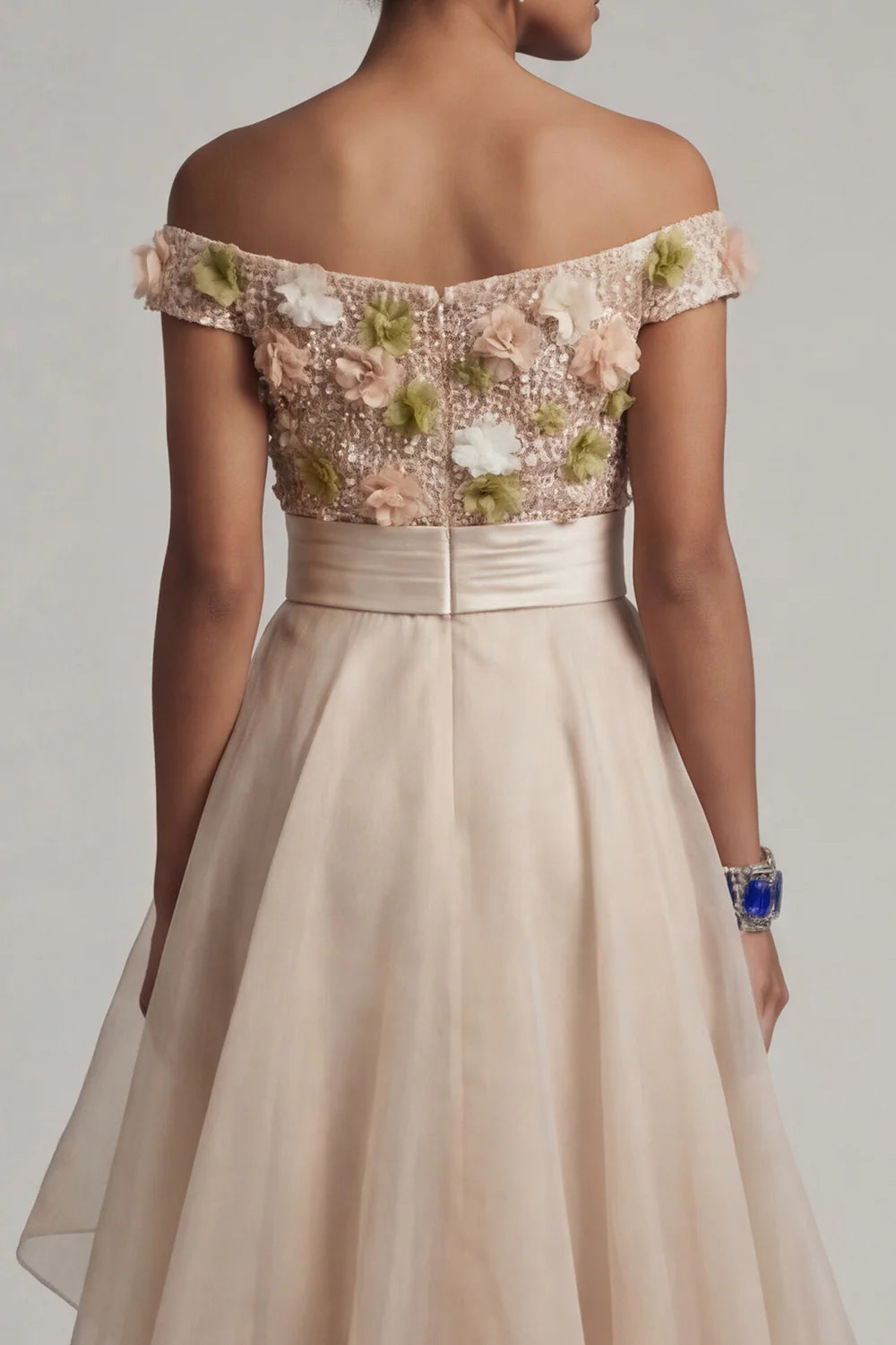 Elegant Off Shoulder 3D Floral Applique Sequin Embellished Satin Waistband High Low Tulle Maxi Prom Dress