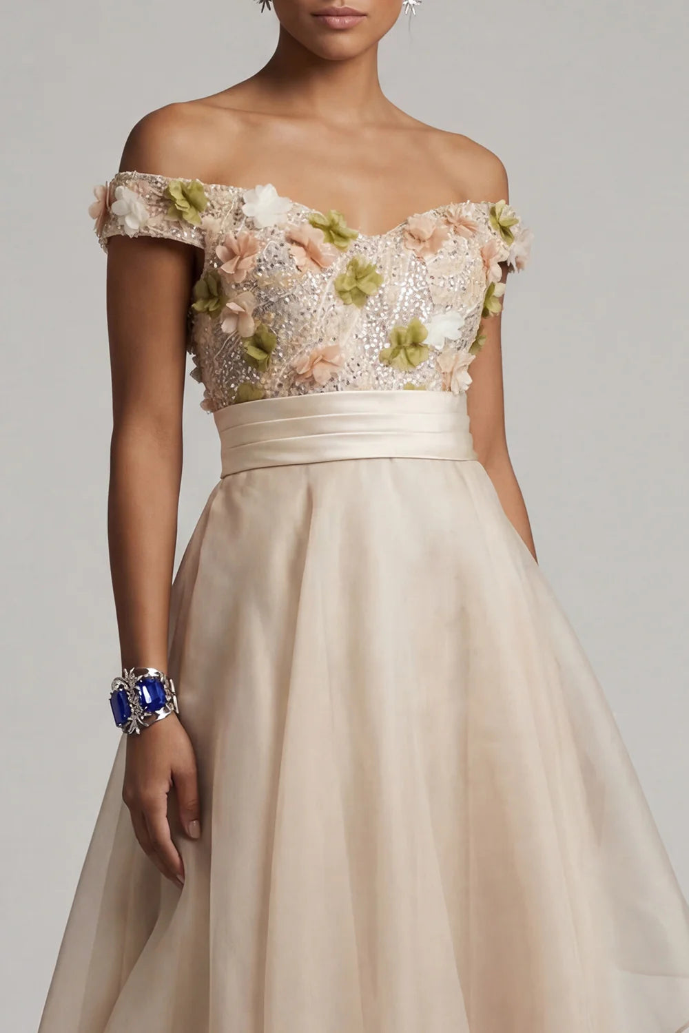 Elegant Off Shoulder 3D Floral Applique Sequin Embellished Satin Waistband High Low Tulle Maxi Prom Dress
