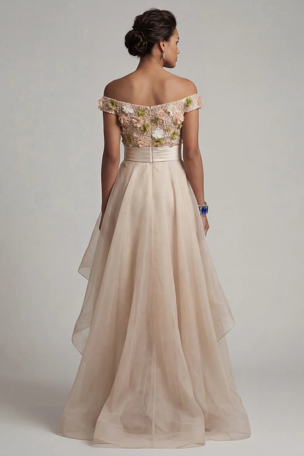 Elegant Off Shoulder 3D Floral Applique Sequin Embellished Satin Waistband High Low Tulle Maxi Prom Dress