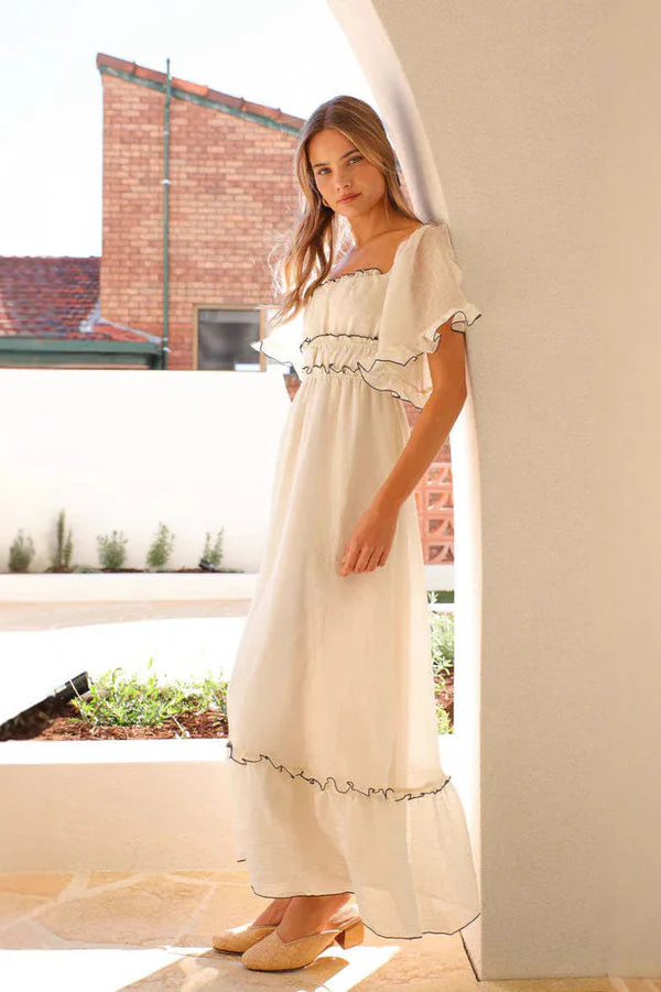 Elegant Off Shoulder Cream Maxi Prom Dress With Black Contrast Trim For Bridal Shower Beach Party