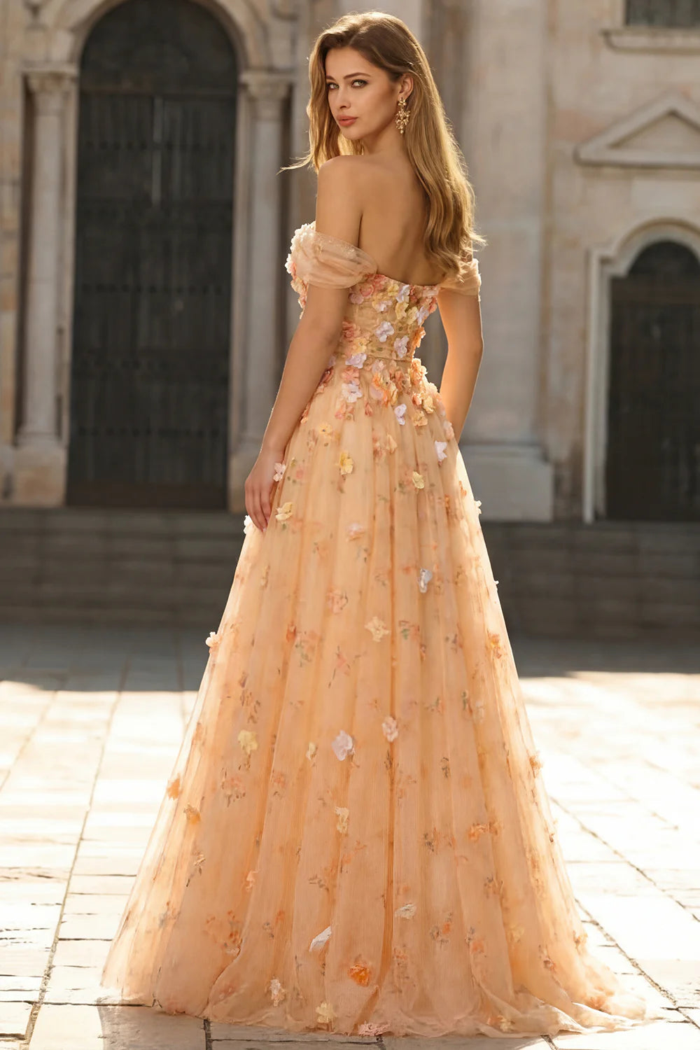 Elegant Off The Shoulder 3D Floral Applique Beaded Belt High Slit Tulle A Line Prom Dress