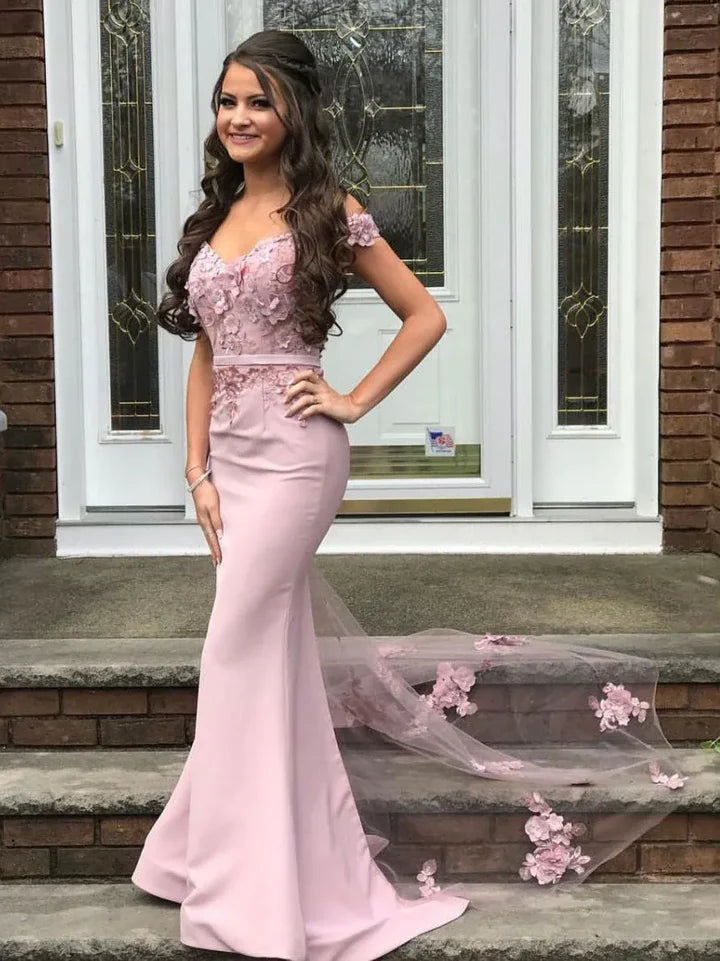Elegant Off The Shoulder 3D Floral Appliqué Mermaid Maxi Prom Dress with Sheer Tulle Train