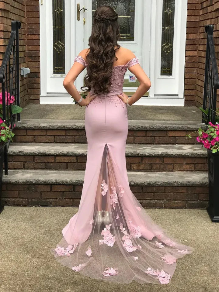Elegant Off The Shoulder 3D Floral Appliqué Mermaid Maxi Prom Dress with Sheer Tulle Train