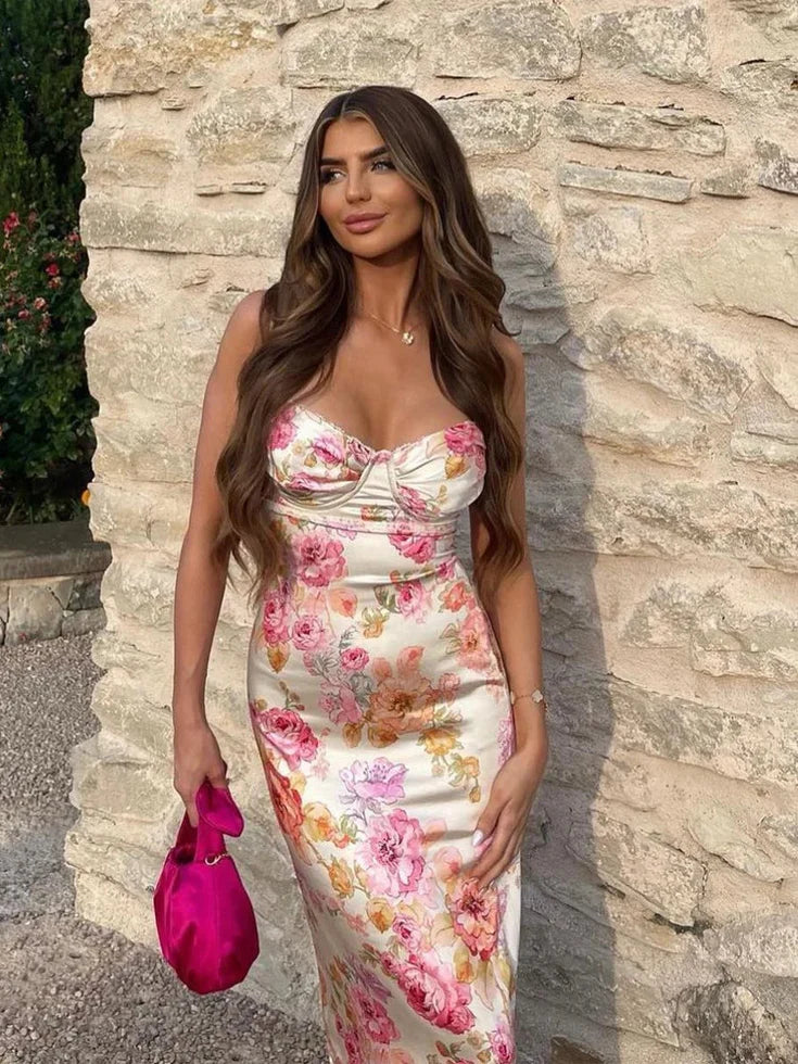 Elegant Off The Shoulder Bustier Floral Print Satin Bodycon Maxi Prom Dress For Formal Evening Wedding Guest