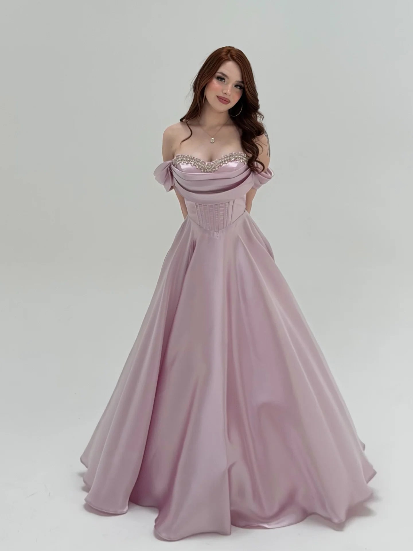Elegant Off The Shoulder Draped Bust Beaded Corset Bodice Satin Ball Gown Maxi Prom Dress With Train For Formal Evening Gala Wedding Guest