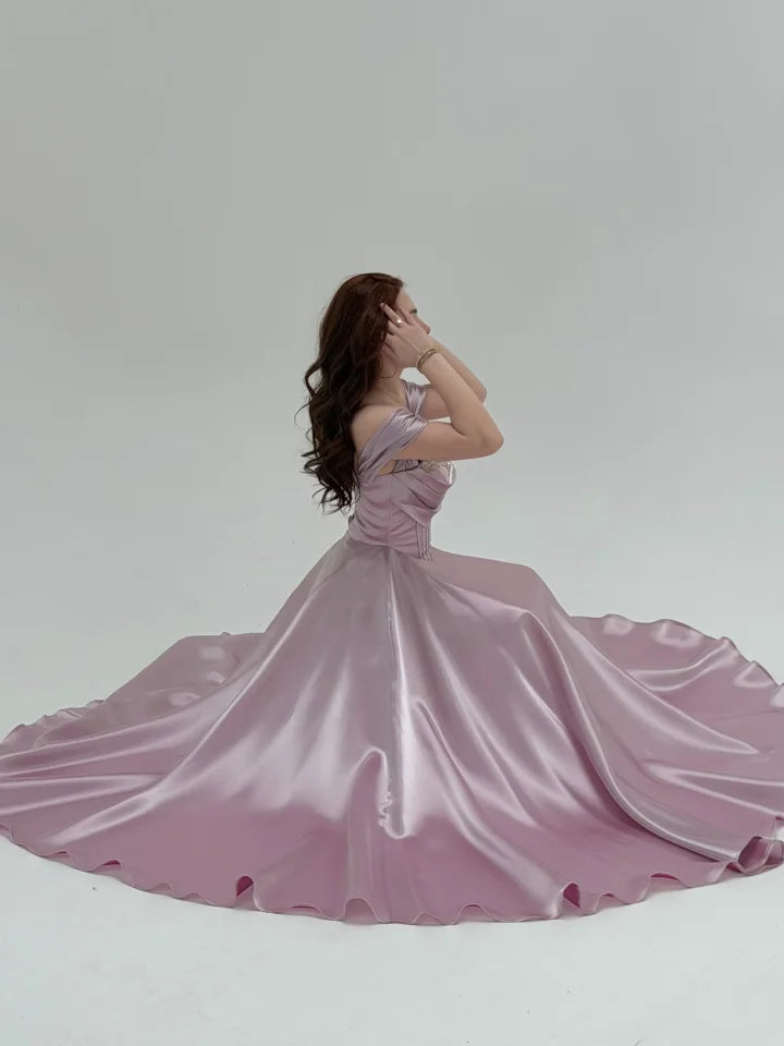 Elegant Off The Shoulder Draped Bust Beaded Corset Bodice Satin Ball Gown Maxi Prom Dress With Train For Formal Evening Gala Wedding Guest