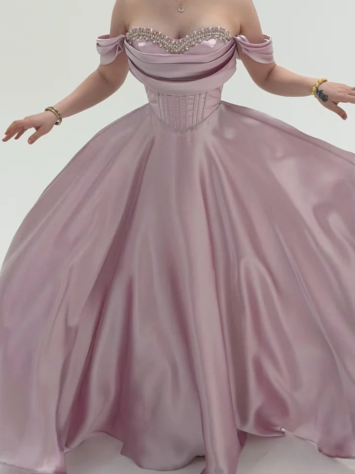 Elegant Off The Shoulder Draped Bust Beaded Corset Bodice Satin Ball Gown Maxi Prom Dress With Train For Formal Evening Gala Wedding Guest