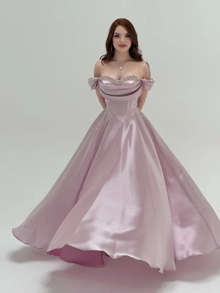 Elegant Off The Shoulder Draped Bust Beaded Corset Bodice Satin Ball Gown Maxi Prom Dress With Train For Formal Evening Gala Wedding Guest