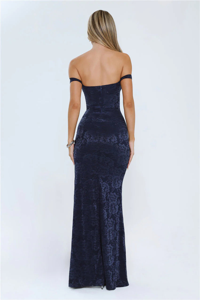 Elegant Off The Shoulder Fitted Bodice Floral Jacquard High Slit Bodycon Maxi Evening Dress For Formal Evening Prom Wedding Guest Bridesmaid Cocktail Party Gala