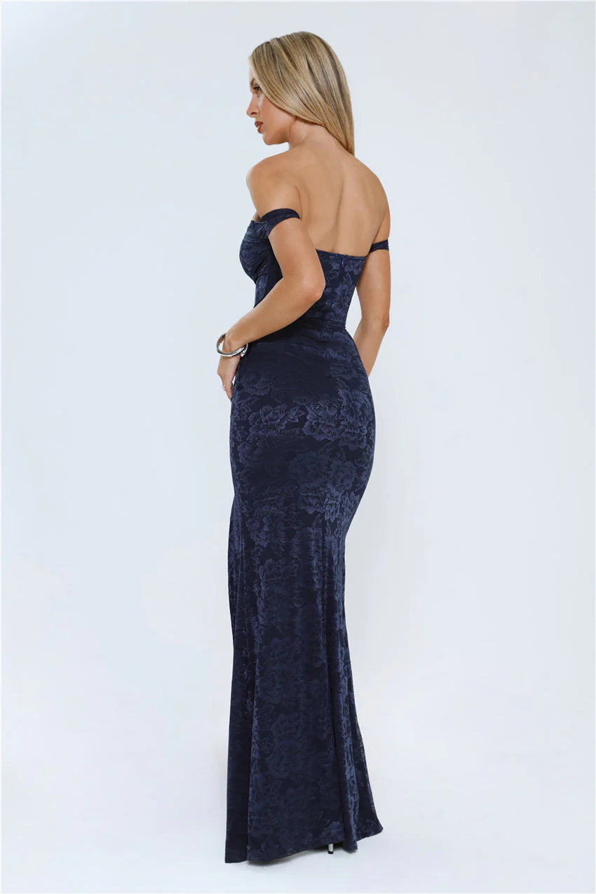 Elegant Off The Shoulder Fitted Bodice Floral Jacquard High Slit Bodycon Maxi Evening Dress For Formal Evening Prom Wedding Guest Bridesmaid Cocktail Party Gala