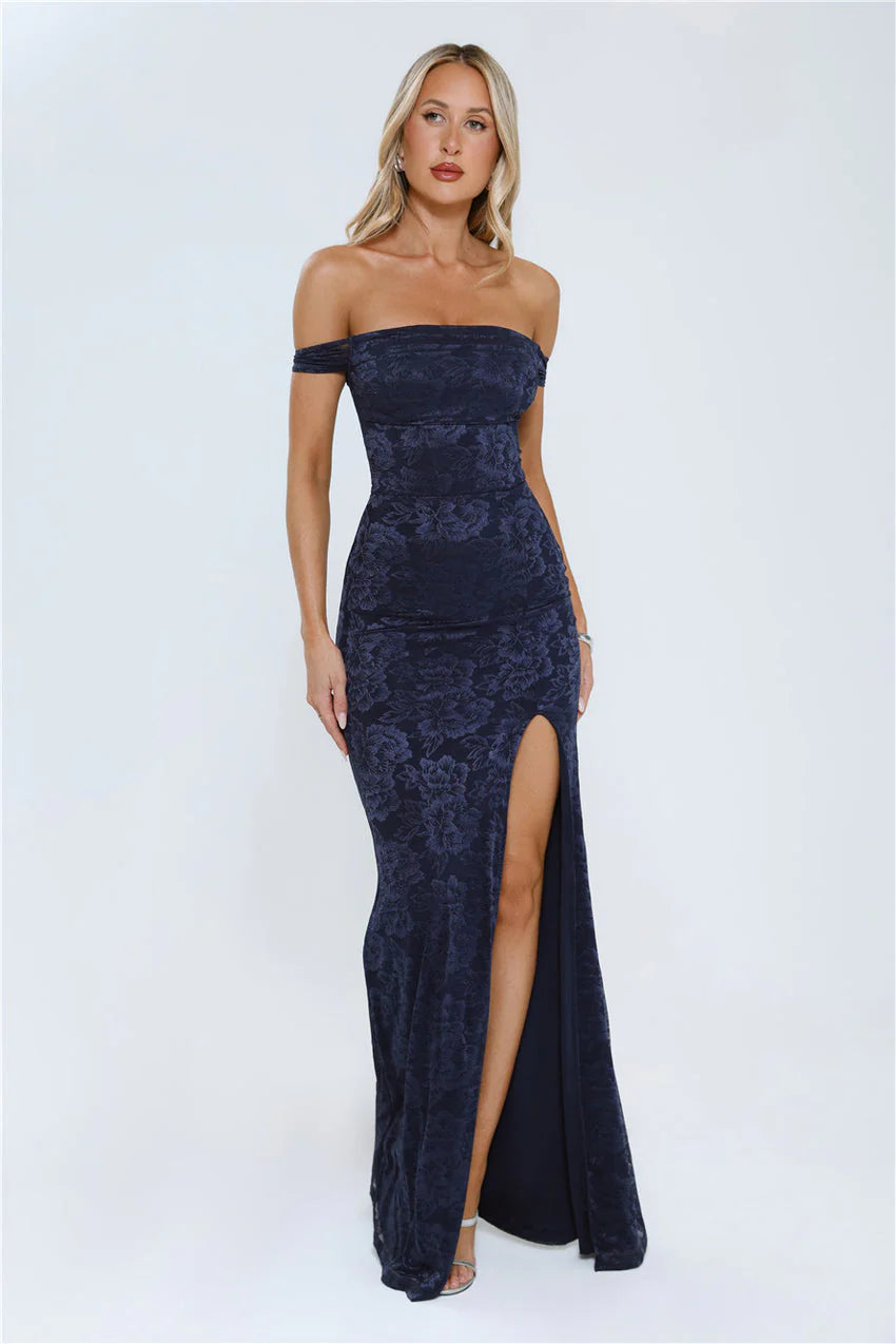 Elegant Off The Shoulder Fitted Bodice Floral Jacquard High Slit Bodycon Maxi Evening Dress For Formal Evening Prom Wedding Guest Bridesmaid Cocktail Party Gala
