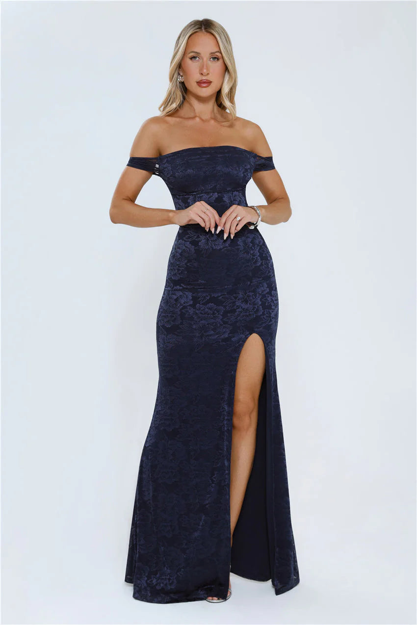 Elegant Off The Shoulder Fitted Bodice Floral Jacquard High Slit Bodycon Maxi Evening Dress For Formal Evening Prom Wedding Guest Bridesmaid Cocktail Party Gala