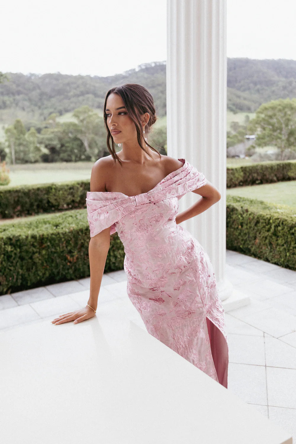 Elegant Off The Shoulder Floral Jacquard Midi Prom Dress With Side Slit For Formal Evening Wedding Guest Bridesmaid Cocktail Party