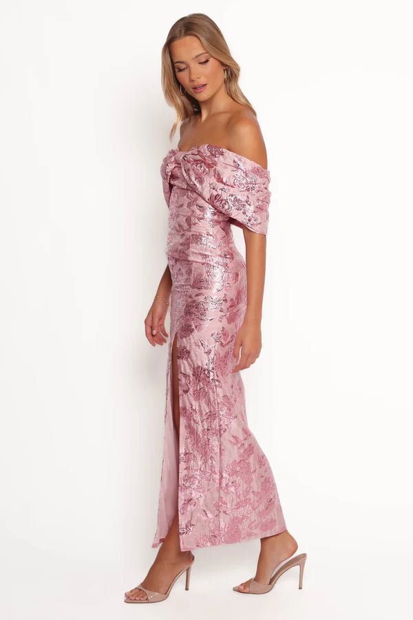 Elegant Off The Shoulder Floral Jacquard Midi Prom Dress With Side Slit For Formal Evening Wedding Guest Bridesmaid Cocktail Party