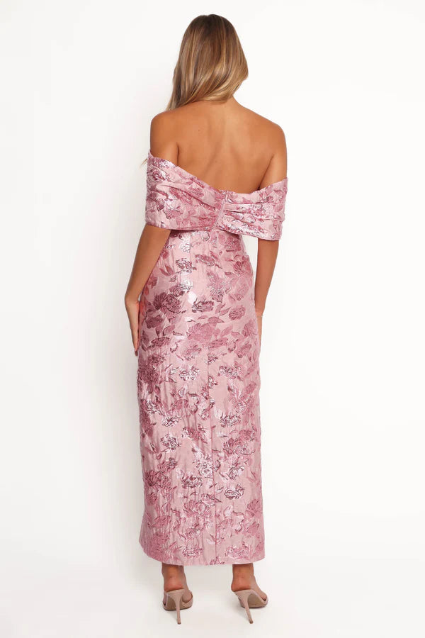 Elegant Off The Shoulder Floral Jacquard Midi Prom Dress With Side Slit For Formal Evening Wedding Guest Bridesmaid Cocktail Party