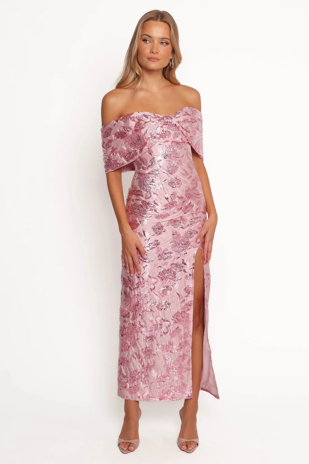 Elegant Off The Shoulder Floral Jacquard Midi Prom Dress With Side Slit For Formal Evening Wedding Guest Bridesmaid Cocktail Party