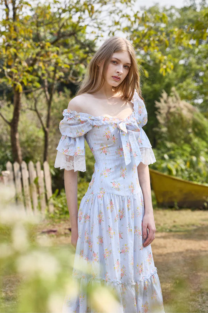Elegant Off The Shoulder Floral Print Lace Trim Ruffle Tiered Maxi Prom Dress For Formal Evening Wedding Guest Bridesmaid Cocktail Party